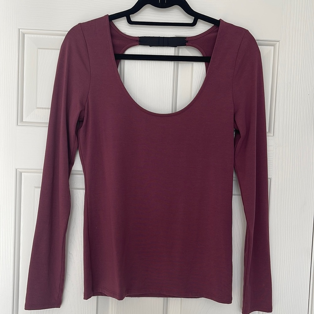 VS Open Back Black Velvet Bow Detail Scoop Neck Burgundy Long Sleeve T Shirt-Sml